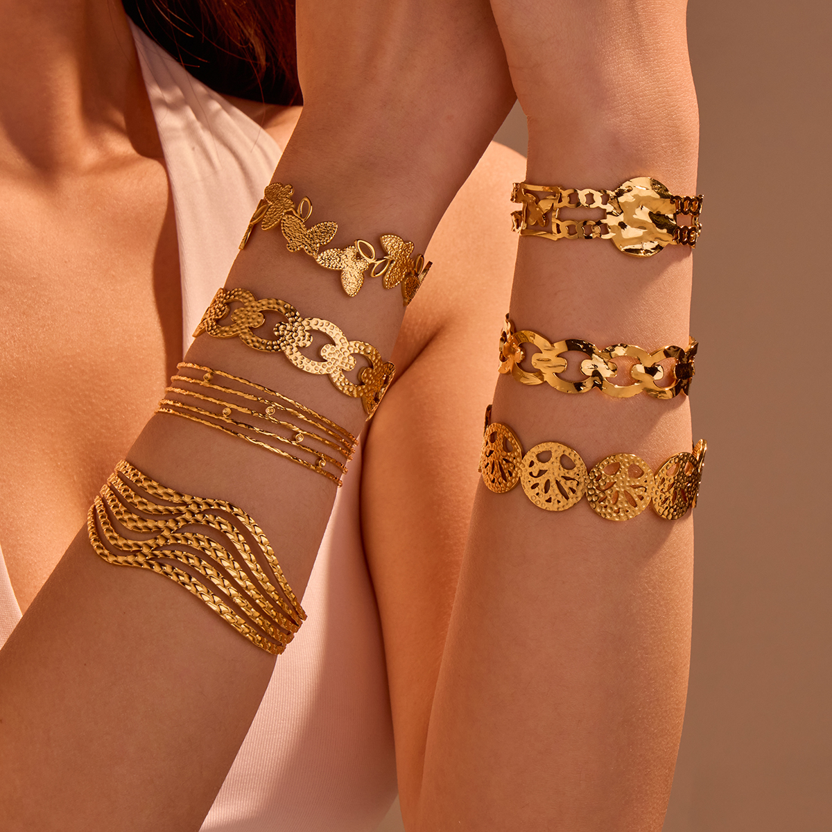 夸张不锈钢镀金防褪色宽边可调节开口手镯，男女皆宜