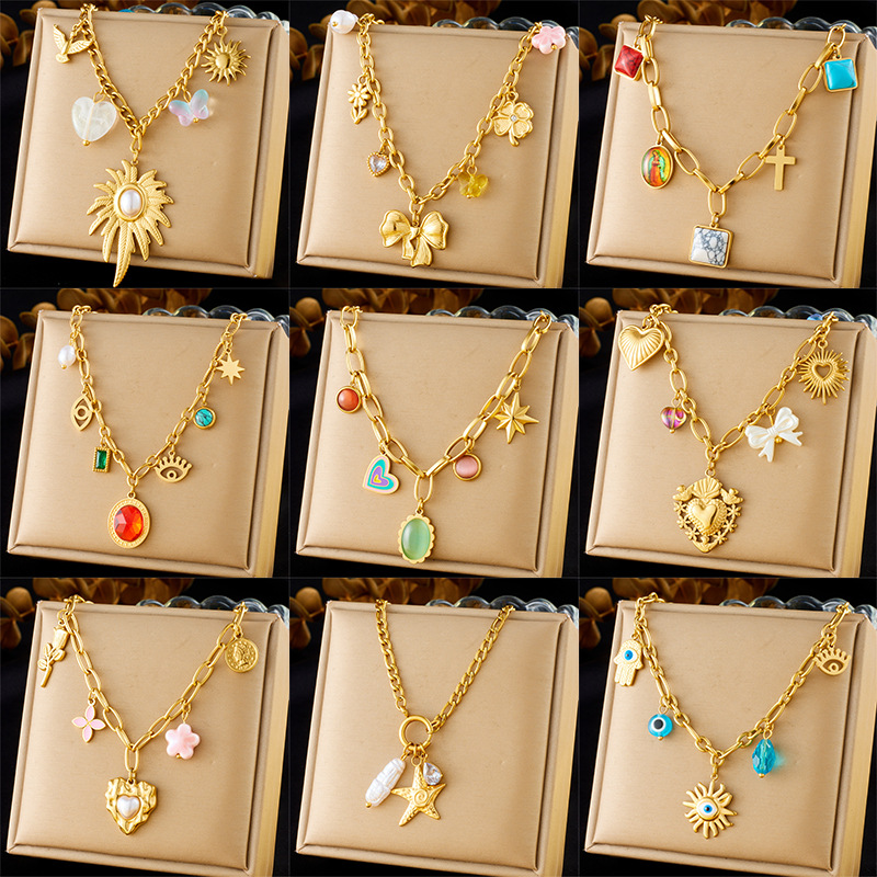 复古凹凸爱心粘珍珠锁骨项链