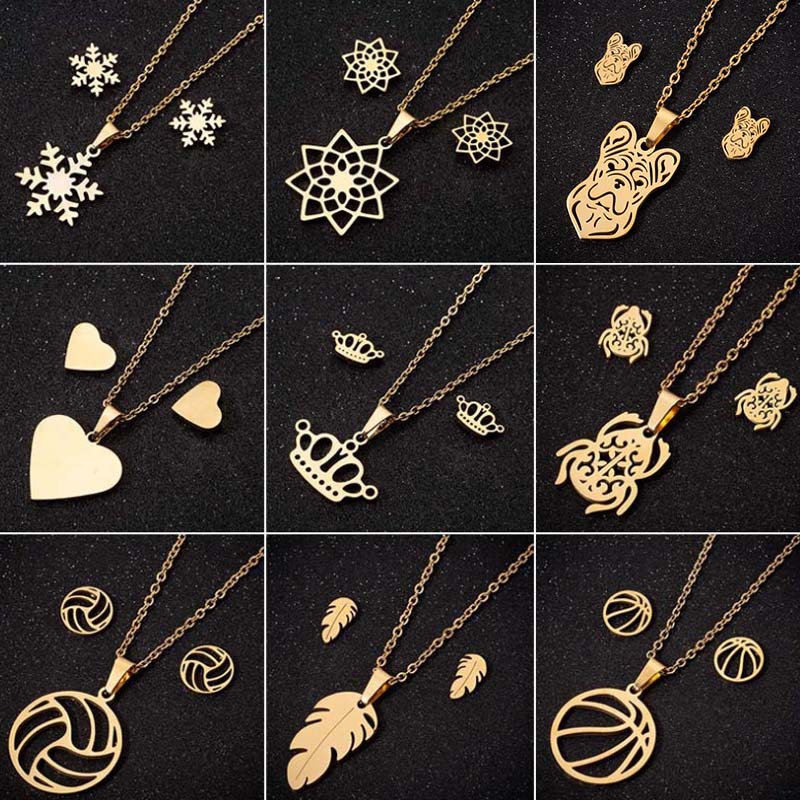 18K金心形不锈钢首饰套装新款时尚雪花项链